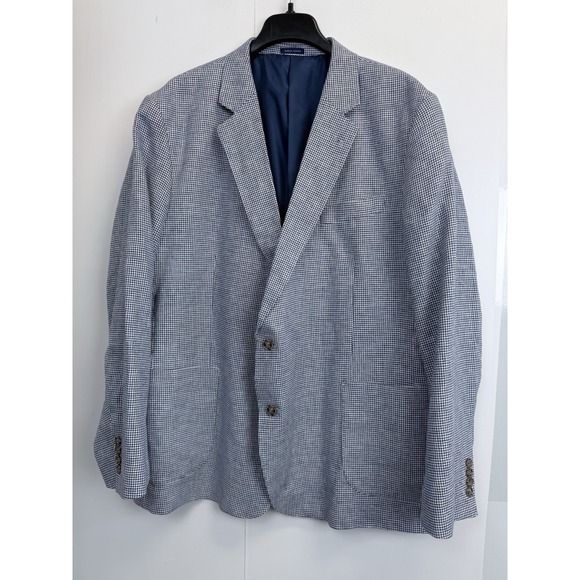Stafford Linen Cotton Sport Coat‎ Mens 52R Navy Houndstooth Blazer Suit Jacket